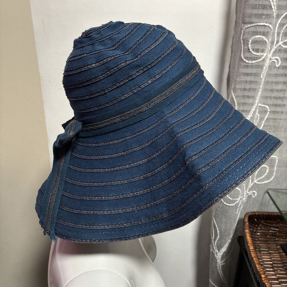 D&Y Sun Hat Wide Brim Floppy Soft Navy Blue Cotton Ribbon Bow Beach Travel - Picture 5 of 13